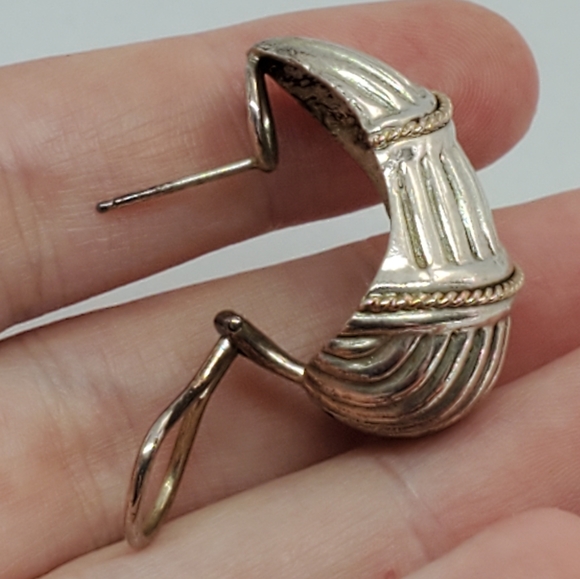 SOLD Sterling Ribbed Dome Hoop Omega Earrings - Picture 5 of 7